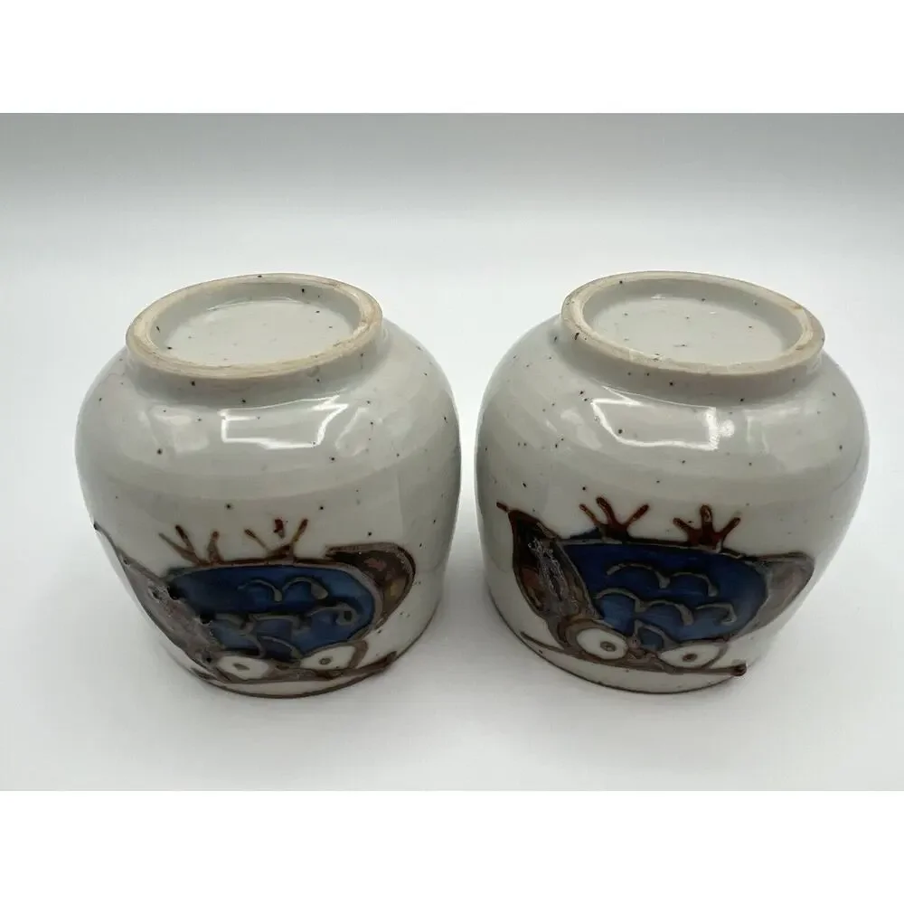 Glazed Pottery 4 oz. Owl Teacups Sake Cups Blue Brown & White Set of 2
